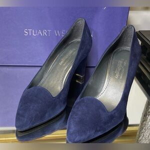 STUART WEITZMAN 'Podium' Navy Blue suede pointy toe block heel pump